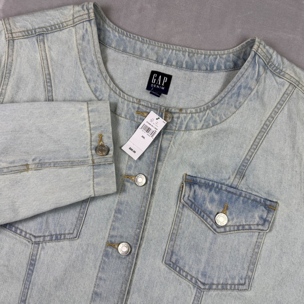 Gap Denim Womens XXL Light Wash Collarless Trucker Jacket Cropped Blue NEW